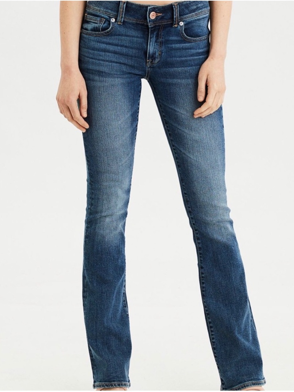 10 Long American Eagle Womenβs Dark Blue Kick Boot Jeans Stretch Denim Mid Rise